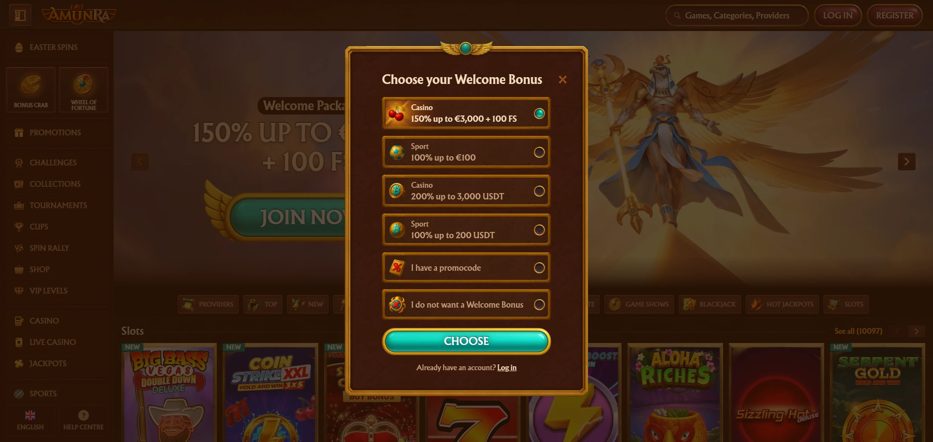 Amunra Casino welcome bonus selection with multiple offers and reward options